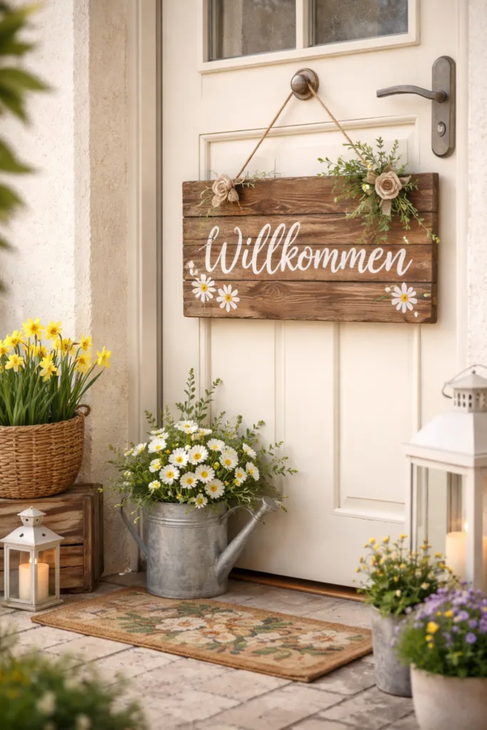 5 geniale Ideen für Frühlingsdeko an deiner Haustür Holzschild mit „Willkommen“-Schriftzug und Frühlingsdeko an der Haustür