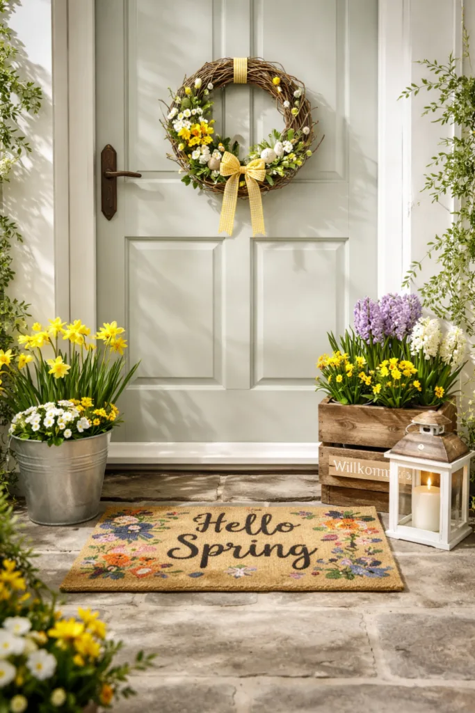 5 geniale Ideen für Frühlingsdeko an deiner Haustür Frühlingsdeko für die Haustür mit Blumenkranz, Türmatte und Blumenschmuck