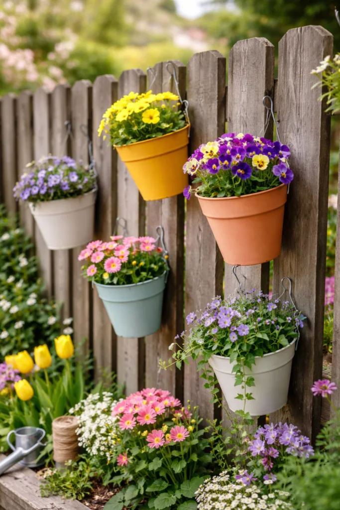Farbenfrohe Blumentöpfe mit Frühlingsblumen hängen als Deko am Gartenzaun