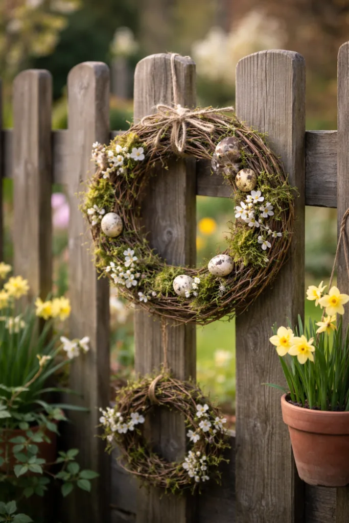 Frühlingsdeko am Gartenzaun mit Naturkränzen aus Moos, Zweigen und Blumen