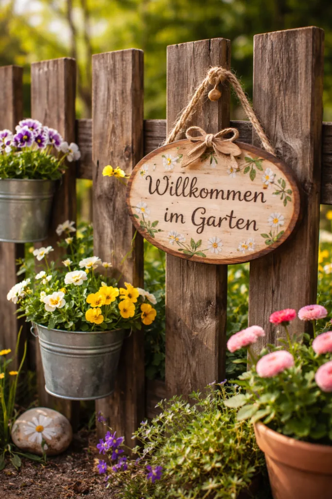Rustikaler Gartenzaun mit Blumen und Holzschild „Willkommen im Garten“ als Frühlingsdeko