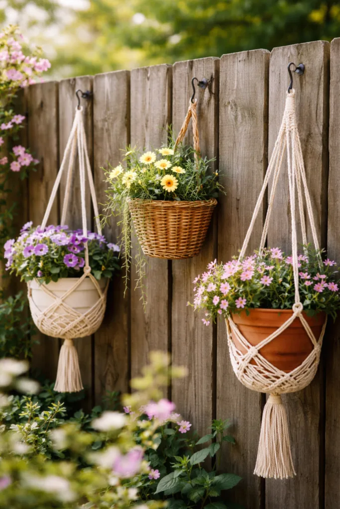 Hängende Körbe und Makramee mit Frühlingsblumen als Deko am Gartenzaun