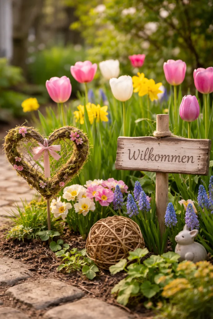 Frühlingsdeko im Garten mit Tulpen, Narzissen und natürlicher Holzdekoration