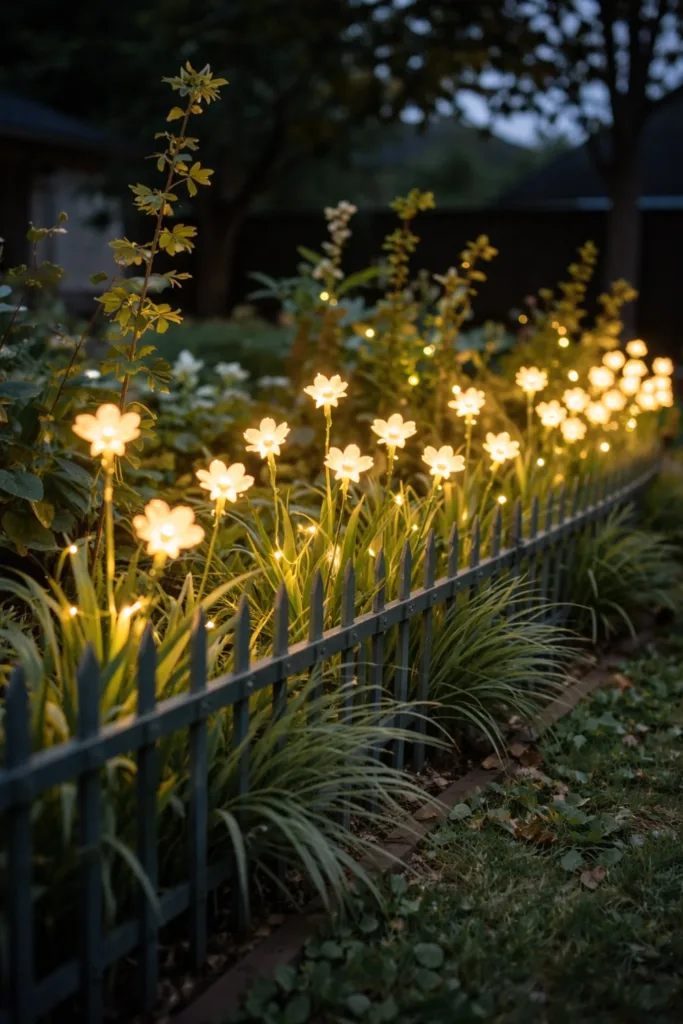 Gartenzaun mit Frühlingsdeko und Solarblumen, die abends sanft leuchten