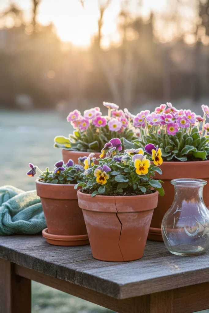 Frühlingsdeko im Garten mit Primeln und Stiefmütterchen in Terrakottatöpfen bei Sonnenlicht