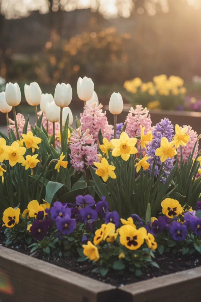 Frühlingsdeko im Garten mit Tulpen, Narzissen, Hyazinthen und Stiefmütterchen im Hochbeet