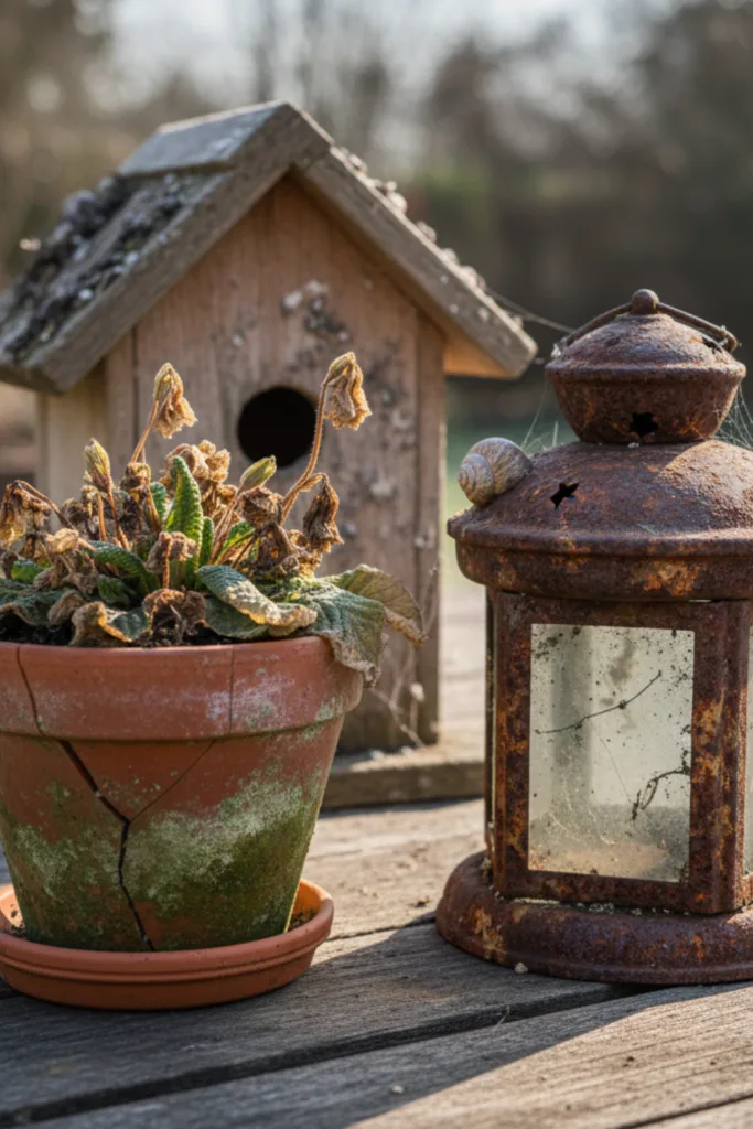 Verwelkte Pflanze im Topf und rostige Laterne als Beispiel für fehlende Pflege der Frühlingsdeko im Garten