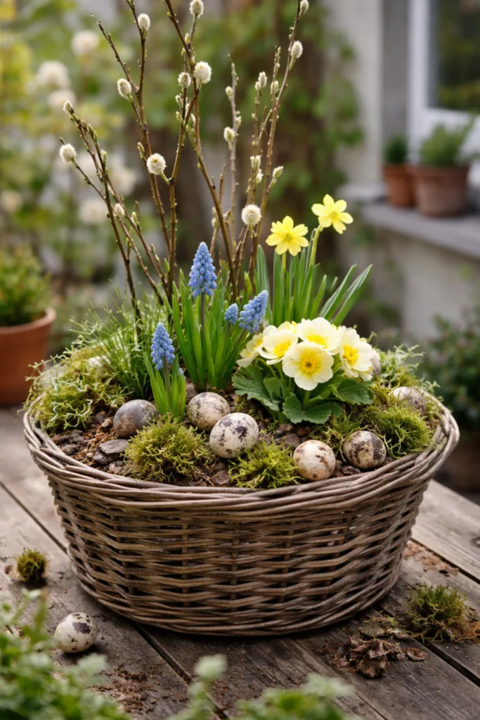 Frühlingsdeko für Pflanzkübel mit Moos, Weidenzweigen und Primeln in rustikalem Korb