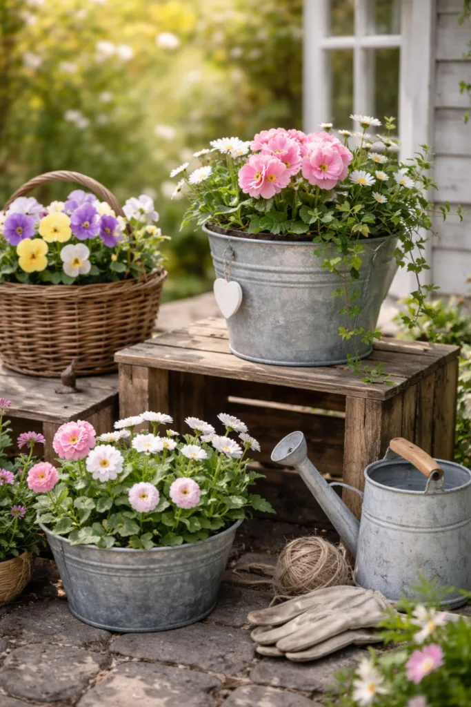 Zinkkübel mit Frühlingsdeko aus Primeln und Gänseblümchen im Landhausstil