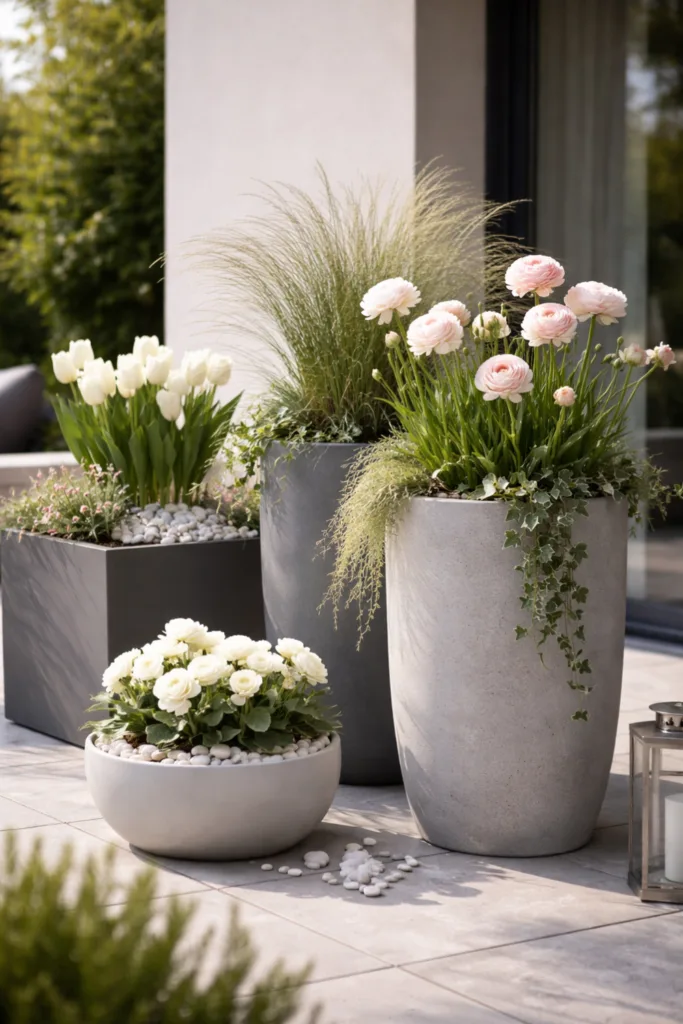 Moderne Frühlingsdeko für Pflanzkübel mit weißen Ranunkeln, Ziergras und Efeu