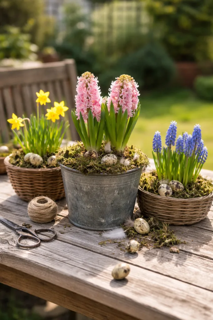 Zwiebelpflanzen in Zinkgefäßen als natürliche Frühlingsdeko auf einem Gartentisch