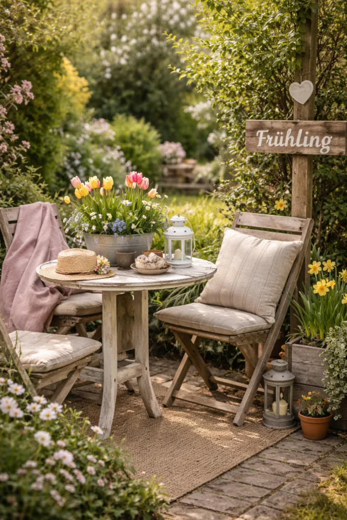 Gemütliche Frühlingsdeko im Garten mit Sitzplatz, Blumen und Windlicht