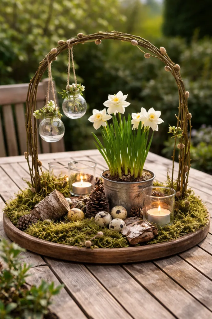 Frühlingsdeko auf Gartentisch mit Moos, Holz, Narzissen und Teelichtern