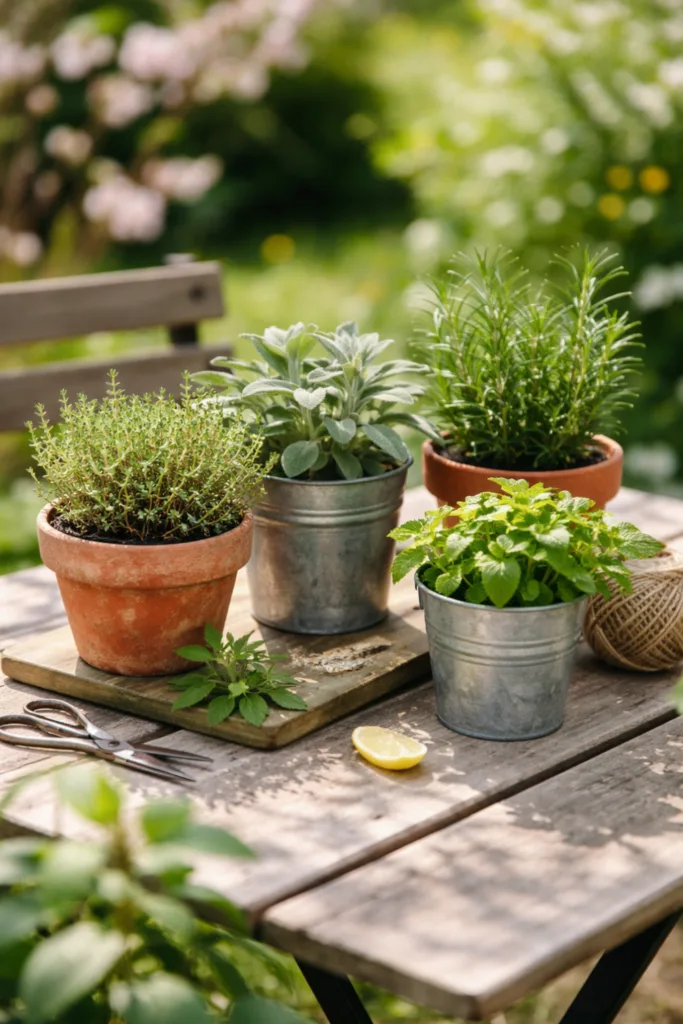Kräuterdeko mit Rosmarin, Thymian und Minze auf rustikalem Gartentisch im Frühling