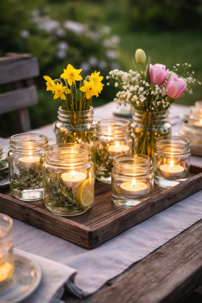 Frühlingsdeko mit Gläsern, Blumen und Teelichtern auf einem Gartentisch