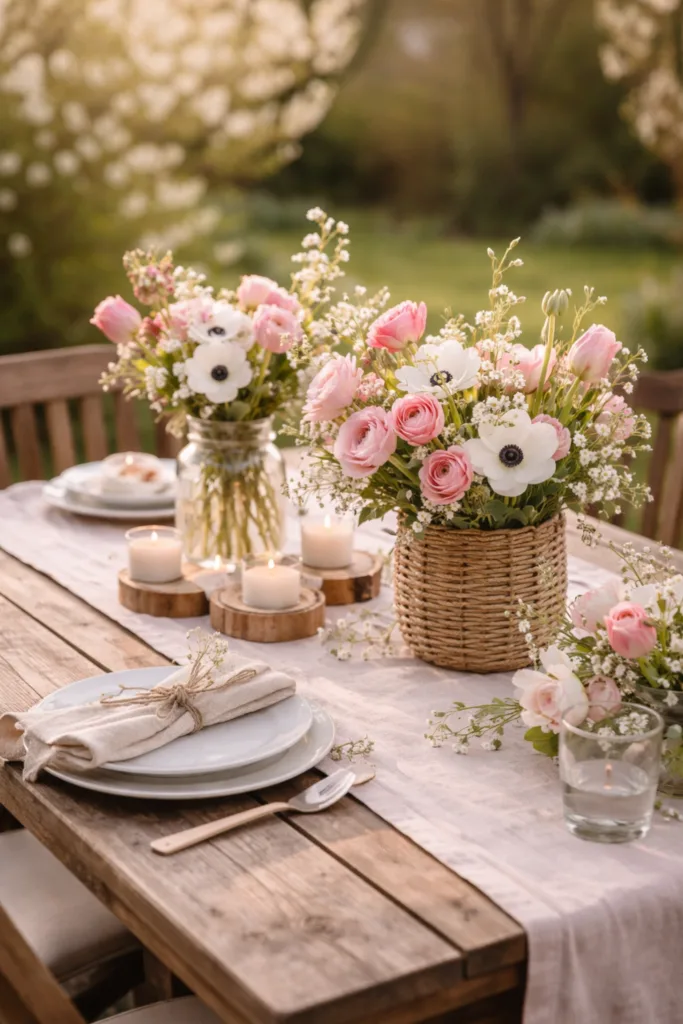 Frühlingsdeko Gartentisch mit Tulpen, Ranunkeln, Kerzen und Leinentischläufer im Garten