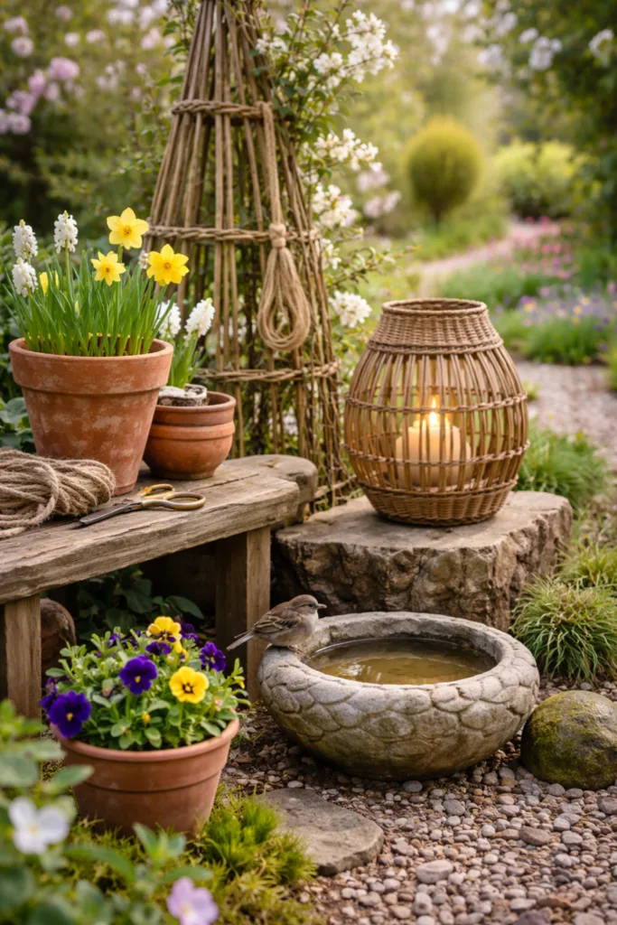 Frühlingshafte Gartendeko aus Holz, Stein und Rattan mit Blumentöpfen und Vogeltränke