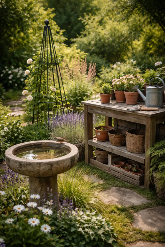 Vogeltränke und Pflanztisch als funktionale Gartendeko im Frühling im Sonnenlicht