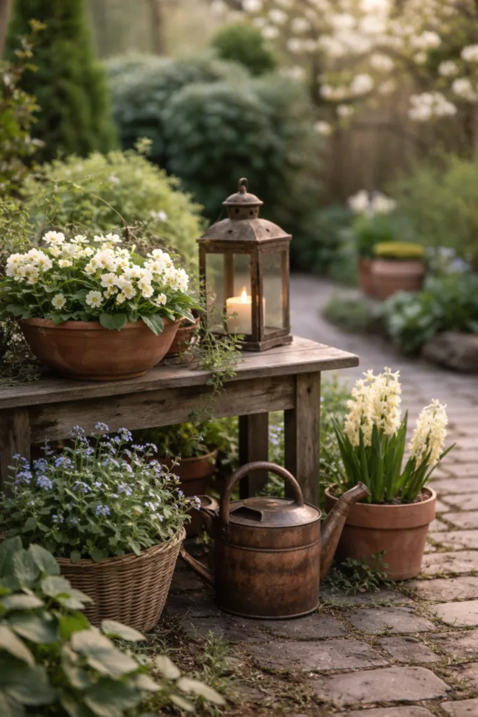 Gartendeko im Frühling mit natürlichen Farben und Materialien in harmonischer Szene