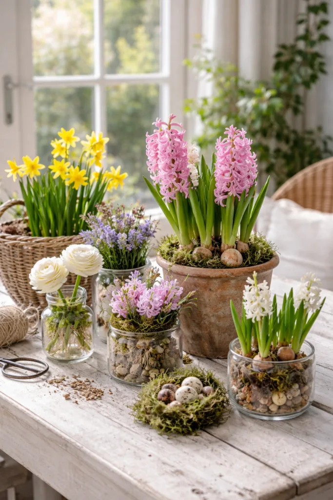 Frühlingsdeko im Wintergarten mit Hyazinthen, Narzissen und Moos in hellen Gefäßen