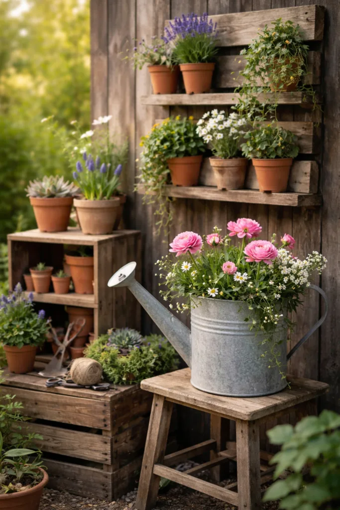 Upcycling Gartendeko im Frühling mit alten Holzkisten, Zinkgefäßen und Blumen