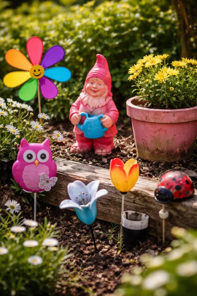 Billig-Deko im Garten mit bunten Plastikfiguren und Windrad im Frühling