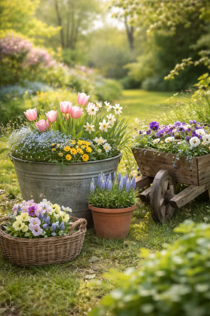 Die 5 besten Frühlingsdeko-Ideen für große Gärten im Überblick Bunte Frühlingsdeko im großen Garten mit Zinkwanne, Blumeninseln und Pflanzgefäßen