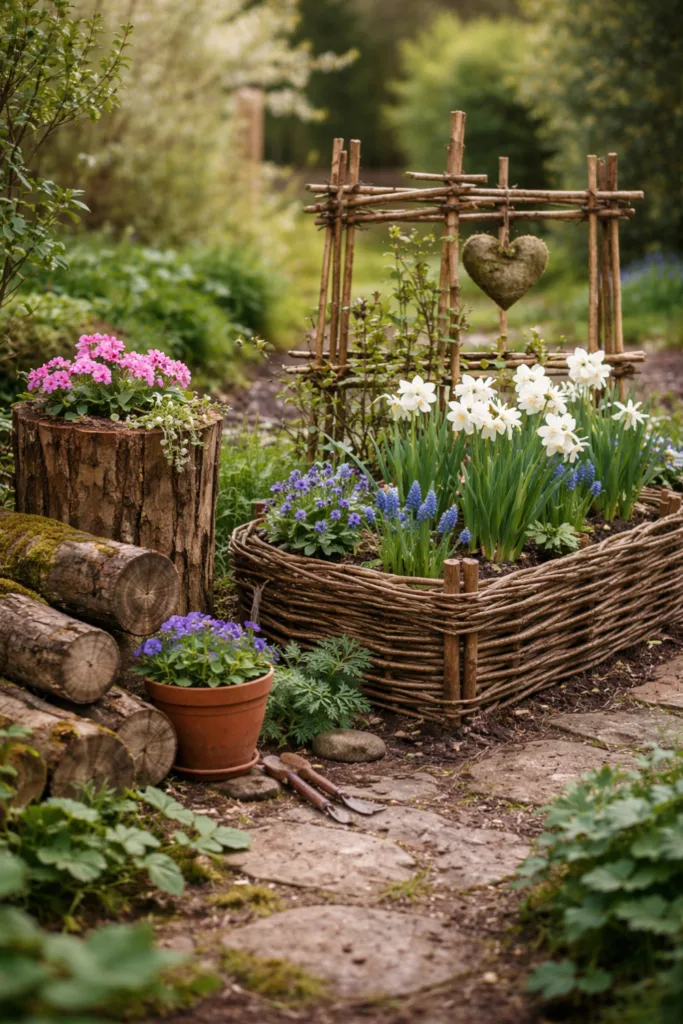 Die 5 besten Frühlingsdeko-Ideen für große Gärten im Überblick Rustikale Frühlingsdeko im großen Garten mit Holz, Weide und Blumen