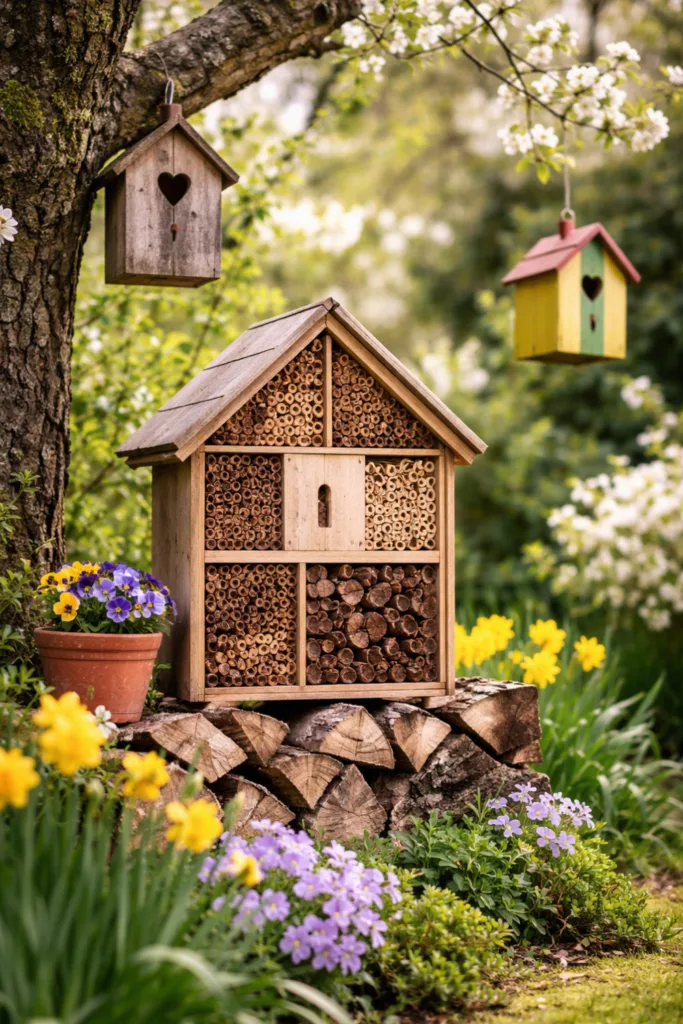 Die 5 besten Frühlingsdeko-Ideen für große Gärten im Überblick Natürliche Frühlingsdeko im großen Garten mit Insektenhotel, Vogelhäusern und Blumen
