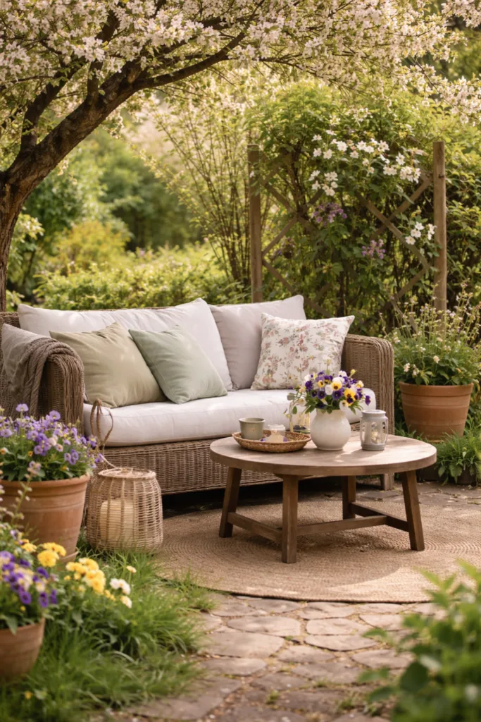 Die 5 besten Frühlingsdeko-Ideen für große Gärten im Überblick Frühlingsdeko im großen Garten mit gemütlicher Sitzecke unter blühendem Baum