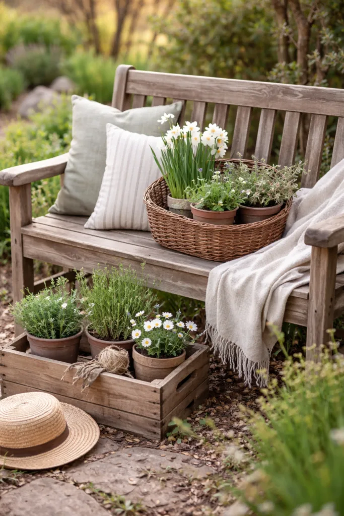 Frühlingsdeko für die Gartenbank: 5 wunderschöne Ideen zum Nachmachen Holzbank mit Frühlingsdeko aus Kissen, Korb und Pflanzen im Garten