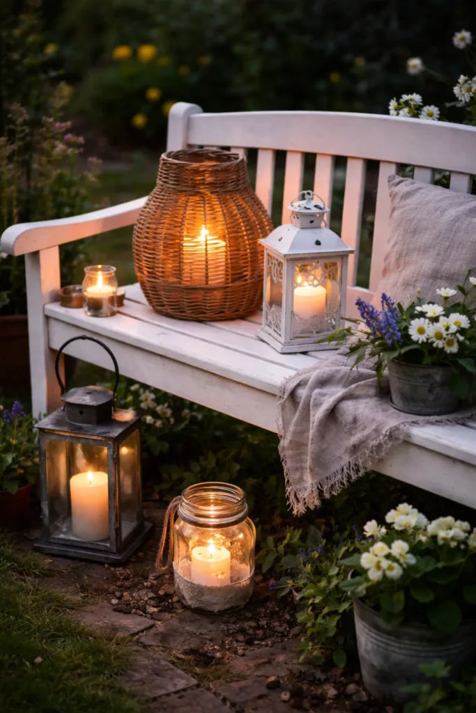 Frühlingsdeko für die Gartenbank: 5 wunderschöne Ideen zum Nachmachen Gartenbank mit Laternen und Kerzen als natürliche Frühlingsdeko im Garten