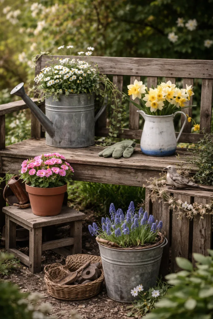 Frühlingsdeko für die Gartenbank: 5 wunderschöne Ideen zum Nachmachen Frühlingsdeko Gartenbank mit alten Gießkannen, Blumen und Vintage-Charme im Garten