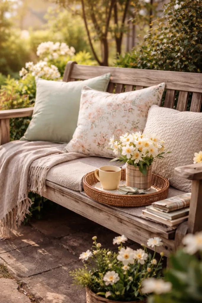 Frühlingsdeko für die Gartenbank: 5 wunderschöne Ideen zum Nachmachen Gemütlich dekorierte Gartenbank mit Frühlingskissen, Decke und Blumen im Sonnenlicht