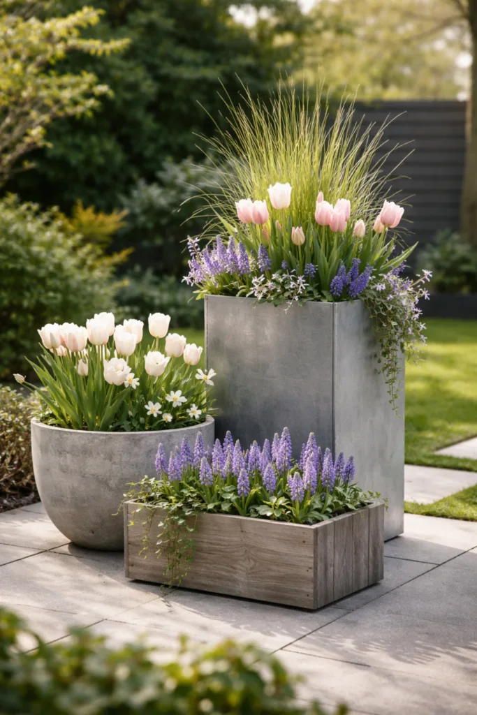 Moderne Frühlingsdeko mit Betonpflanzgefäßen, Tulpen und Hyazinthen im Garten