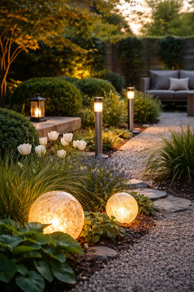 Moderne Gartenbeleuchtung mit Solarleuchten und warmem Frühlingslicht im eleganten Garten