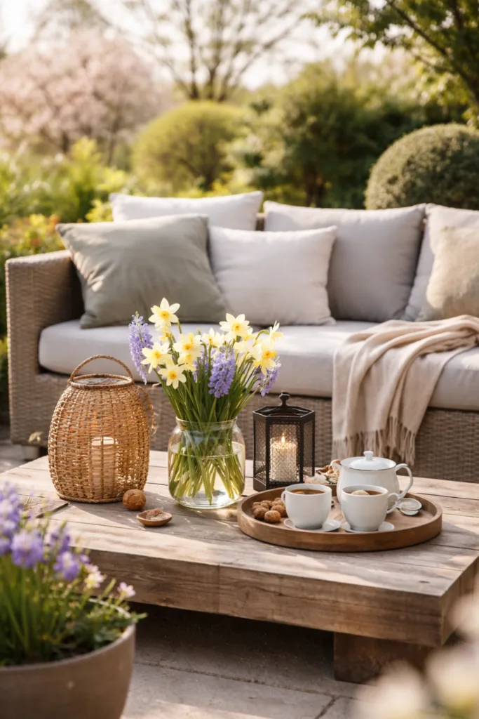 Moderne Frühlingsdeko im Garten mit Blumen, Windlichtern und gemütlicher Lounge-Ecke