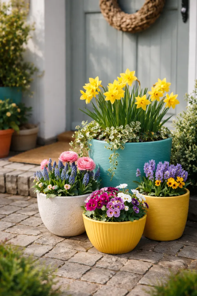 Dopamin Deko im Garten im Frühling mit bunten Blumentöpfen, Narzissen, Tulpen und Frühlingsblumen am Eingang.