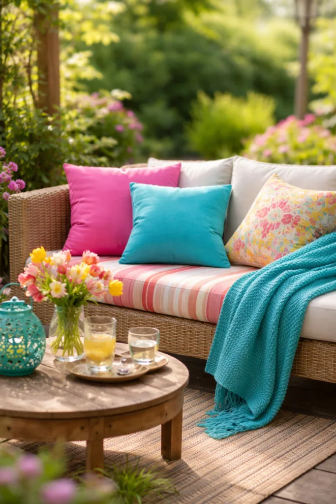 Dopamin Deko im Garten mit bunten Kissen, Decke, Blumen und gemütlichem Sitzplatz im Frühling.