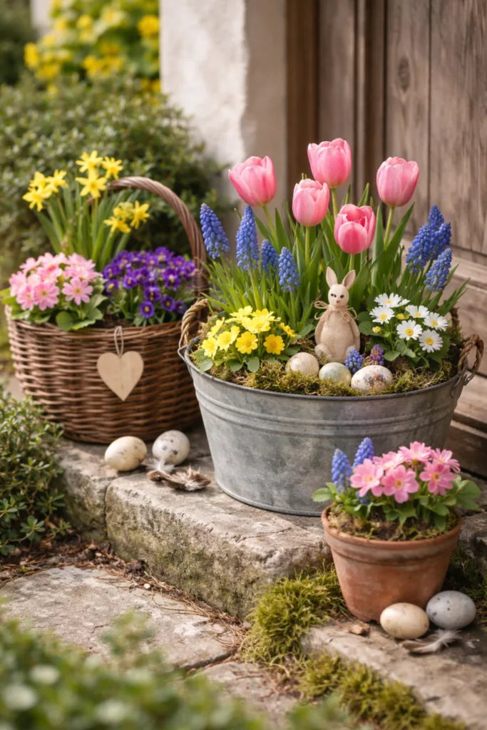 Bunte Frühlingsdeko im Garten mit Tulpen, Primeln und Hyazinthen in Zinkwannen