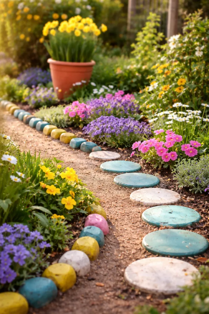 Dopamin Deko im Garten im Frühling mit buntem Gartenweg, Trittsteinen und blühenden Frühlingspflanzen.