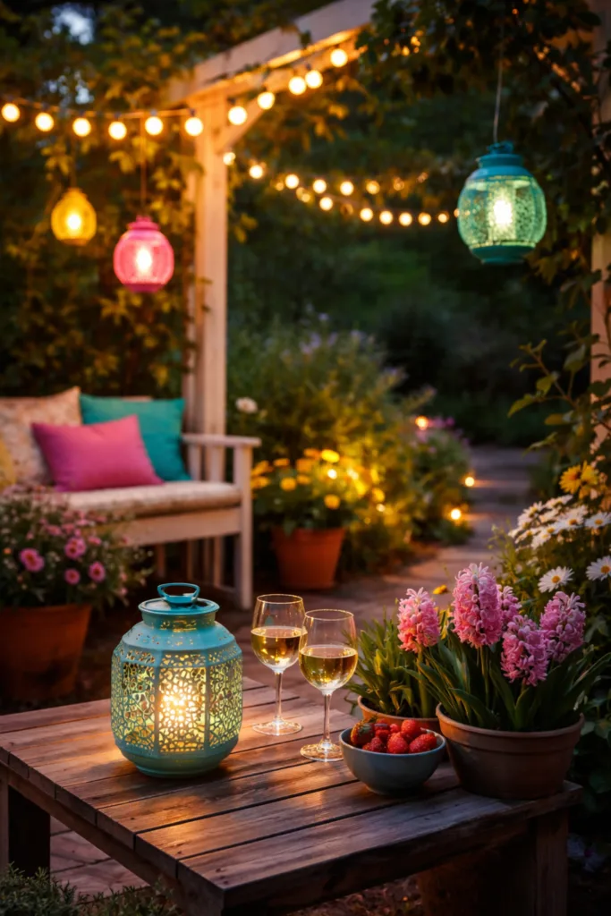 Dopamin Deko im Garten am Abend mit bunten Laternen, Lichterkette, Sitzplatz und Frühlingsblumen.