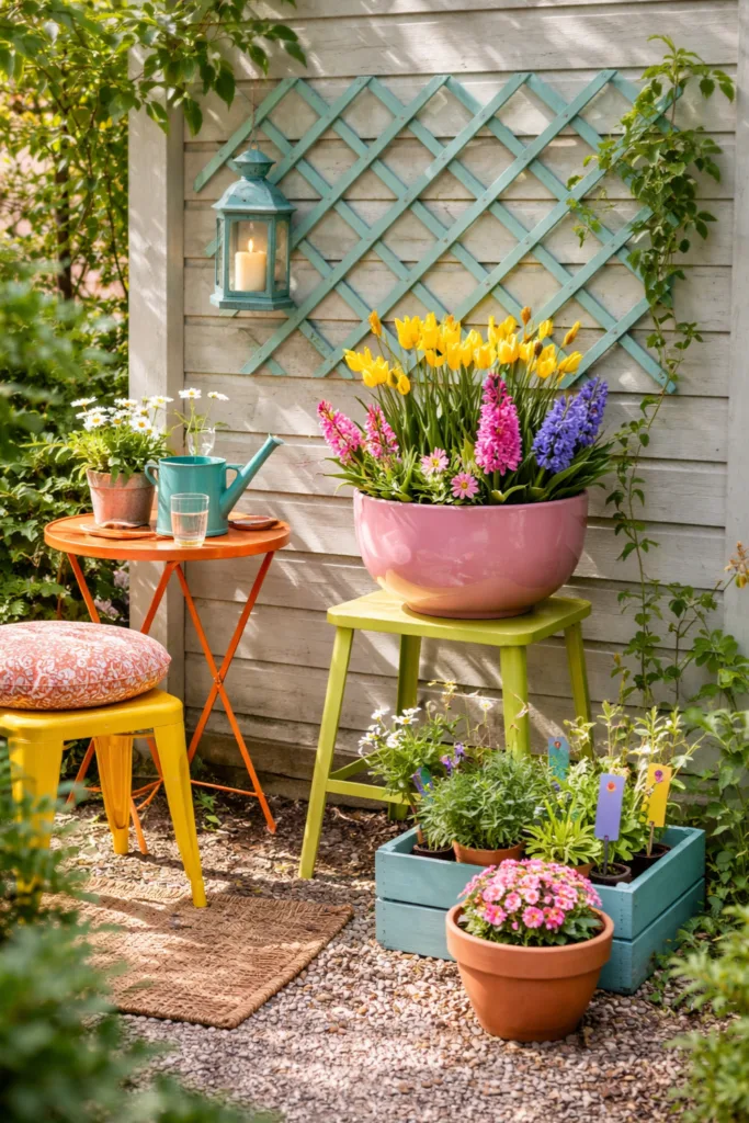 Dopamin Deko im Garten im Frühling mit bunten Möbeln, Blumentöpfen, Rankgitter und fröhlicher Gartenecke.