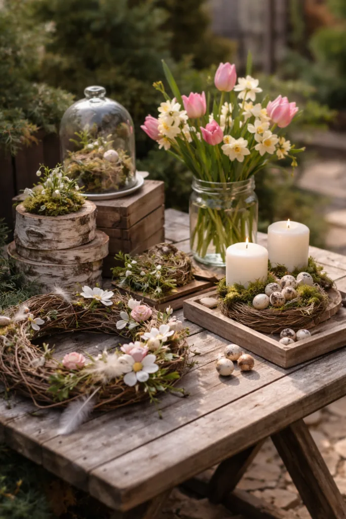 Frühlingsdeko mit Kranz, Moos und Blumen auf Holztisch im Reihenhausgarten
