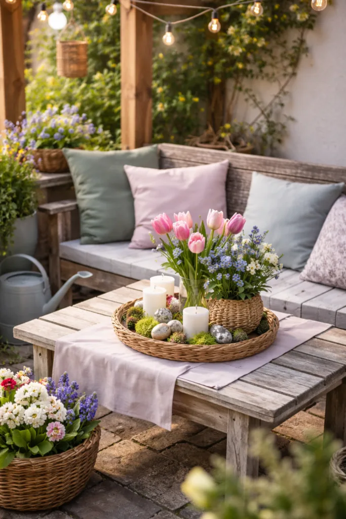Gemütlicher Sitzbereich mit Frühlingsdeko, Blumen und Kerzen im Reihenhausgarten
