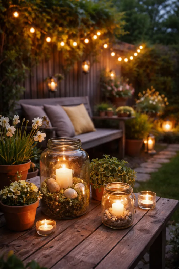 Abendliche Frühlingsdeko im Reihenhausgarten mit Kerzen, Blumen und warmem Licht