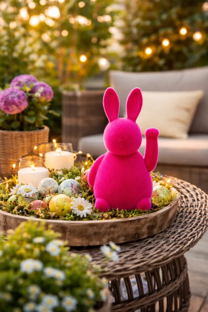 Pinkfarbener Winke-Hase als Osterdeko-Trend 2026 auf Terrasse mit Eiern und Blumen.