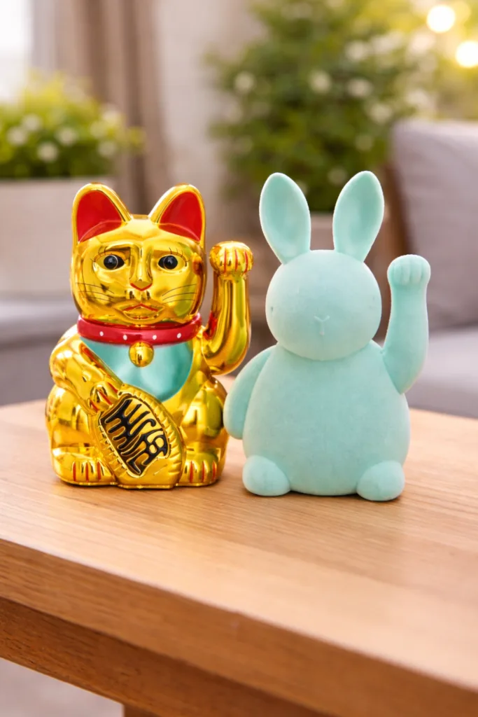 Goldene Winke-Katze und mintgrüner Winke-Hase von Amazon als Osterdeko-Trend 2026