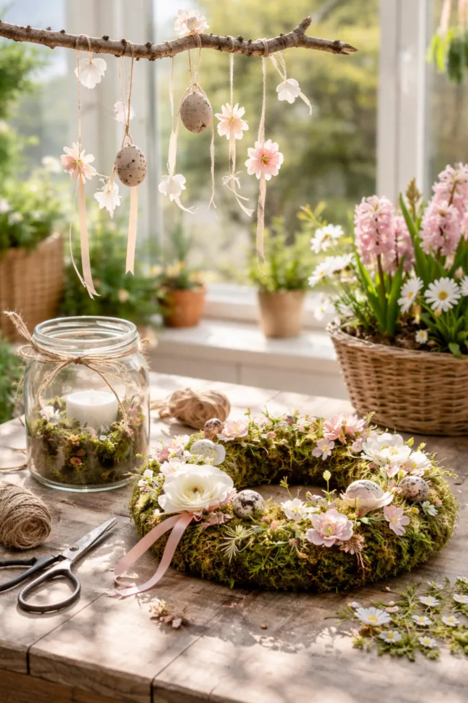 Frühlingsdeko für den Wintergarten: DIY-Mooskranz, Glaswindlicht, natürliche Blüten.