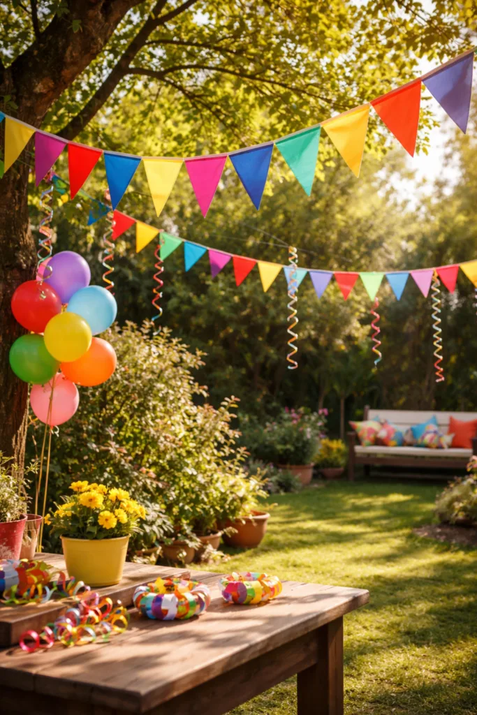 Bunte Faschingsdeko mit Girlanden und Luftballons im Garten bei Sonnenlicht